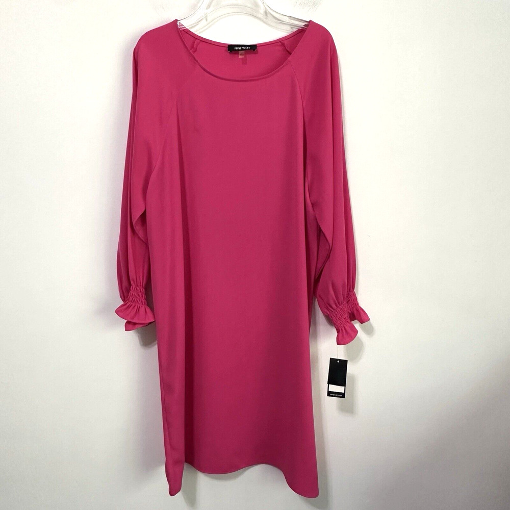 Nine West Smocked Wrist Shift Dress L Hibiscus‎ Pink Long Sleeve Party NEW FLAW